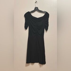 ASOS Black Midi Sheath Dress with rouched Sleeves and Off the Shoulder Neckline